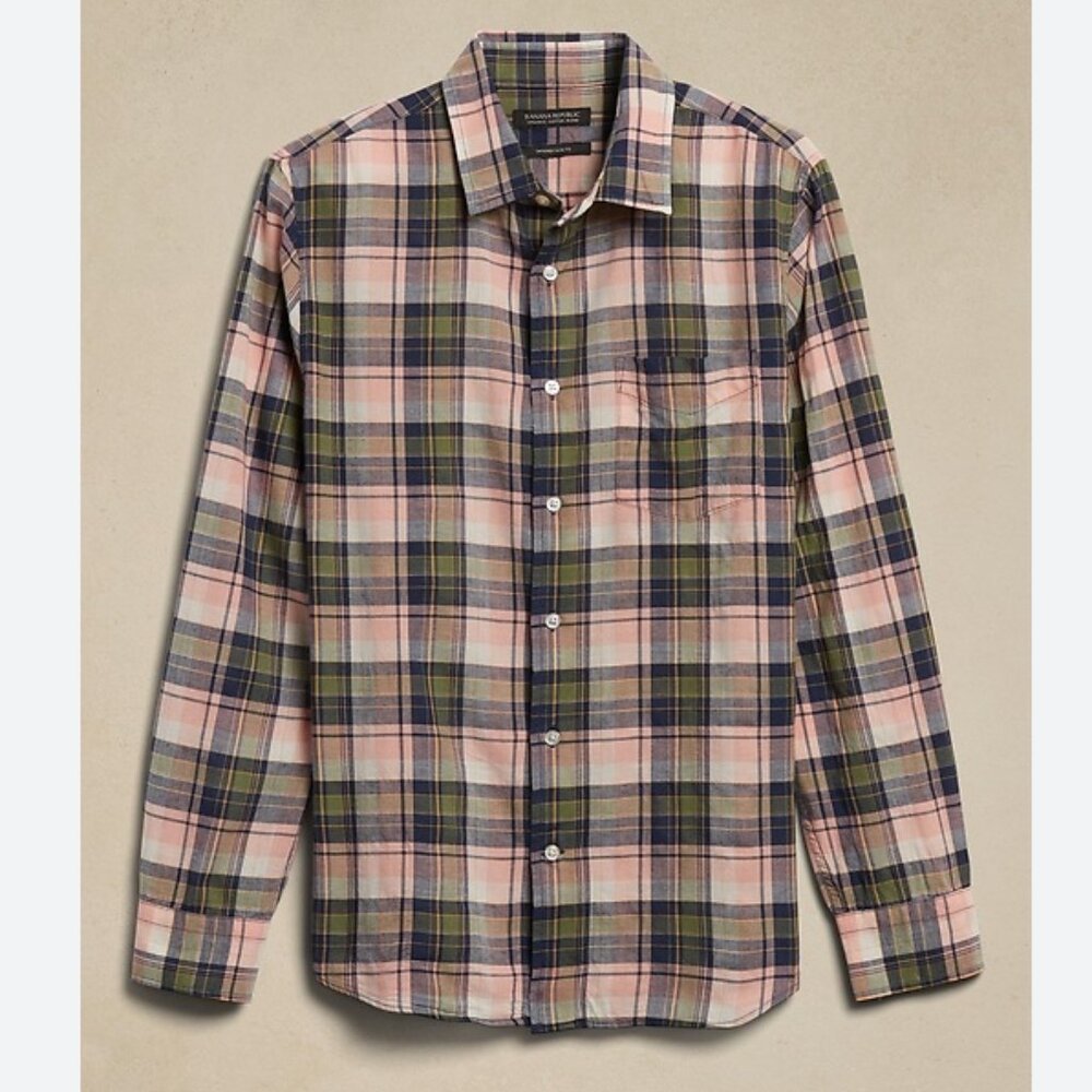 124 Banana Republic Untucked Slim-Fit Crinkle Cotton Shirt Pink Olive Size XXL